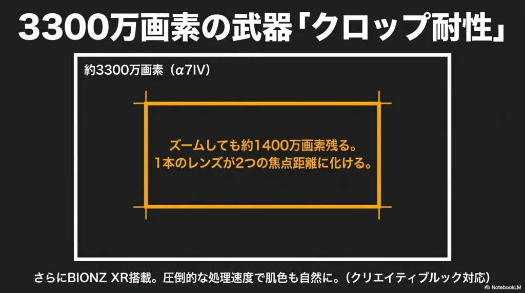 α7IVの3300万画素センサーにより、APS-Cクロップを行っても約1400万画素が残り、1本のレンズで2つの焦点距離をカバーできることを示す解説画像