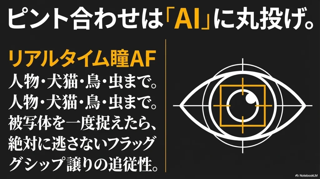 人物、犬猫、鳥、虫まで対応し、被写体を絶対に逃さないα7IVのリアルタイム瞳AFとAI技術を解説するスライド