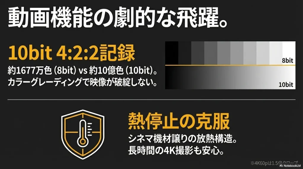 10bit記録によるカラーグレーディング耐性の向上と、長時間の4K撮影を可能にするシネマ機材譲りの放熱構造を図解したスライド
