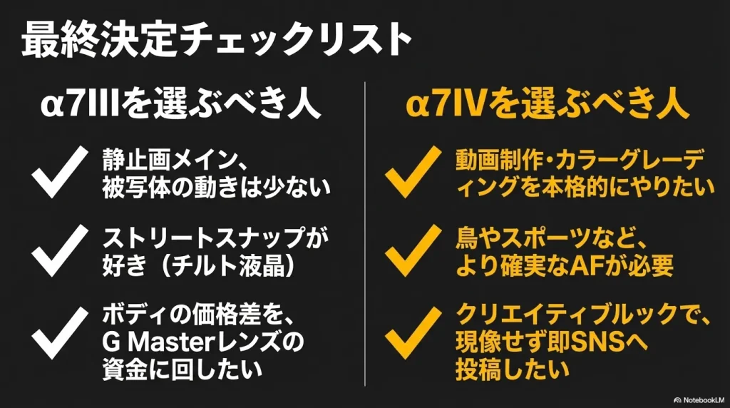 静止画メインのα7IIIと、動画制作や高度なAFを求めるα7IV、それぞれの適性を整理した最終決定用チェックリスト