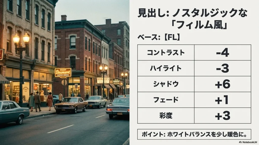 ノスタルジックなフィルム風(FLベース)のクリエイティブルック設定値とホワイトバランスのポイント