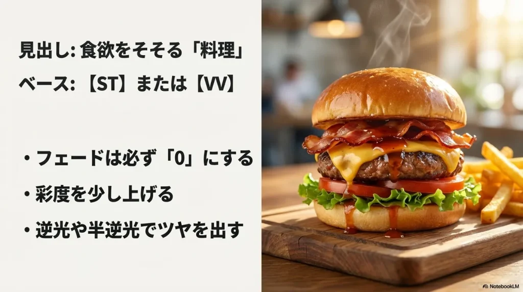 食欲をそそる料理撮影向けのクリエイティブルック(STまたはVVベース)の設定ポイント