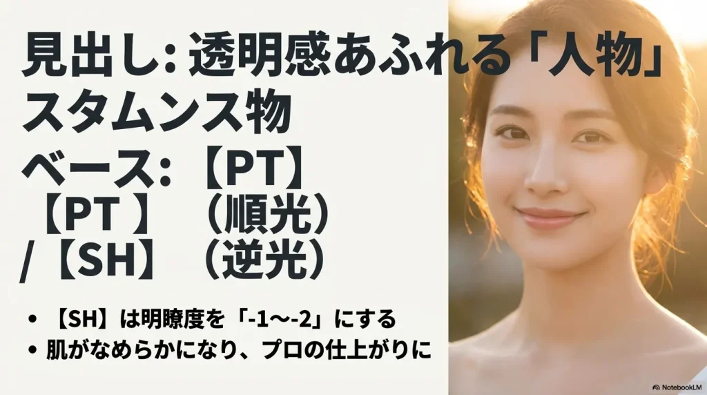 透明感あふれる人物・ポートレート撮影向けのクリエイティブルック(PTとSH)の設定ポイント