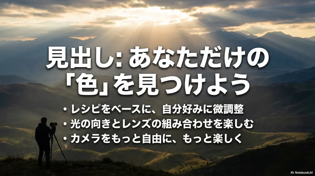 レシピをベースに自分好みに微調整し、カメラをもっと楽しむためのメッセージ
