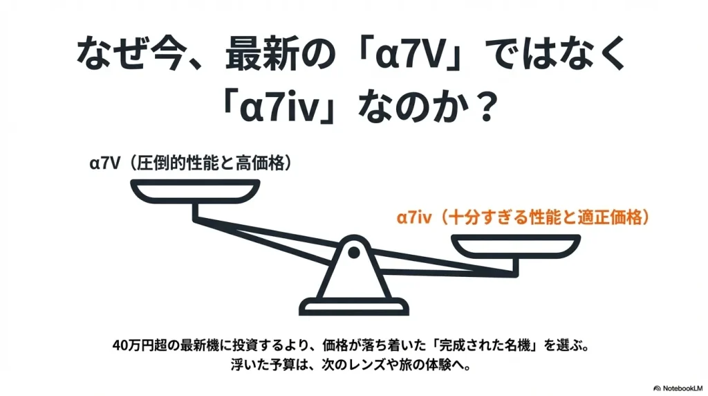 α7Vの圧倒的性能・高価格と、α7ivの十分すぎる性能・適正価格を天秤で比較したスライド
