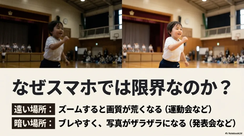 なぜスマホでは限界なのか？ズームすると画質が荒くなる遠い場所、ブレやすく写真がザラザラになる暗い場所