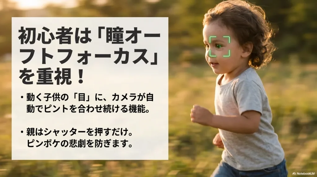 初心者は瞳オートフォーカスを重視！動く子供の目にカメラが自動でピントを合わせ続ける機能で、親はシャッターを押すだけでピンボケの悲劇を防ぎます