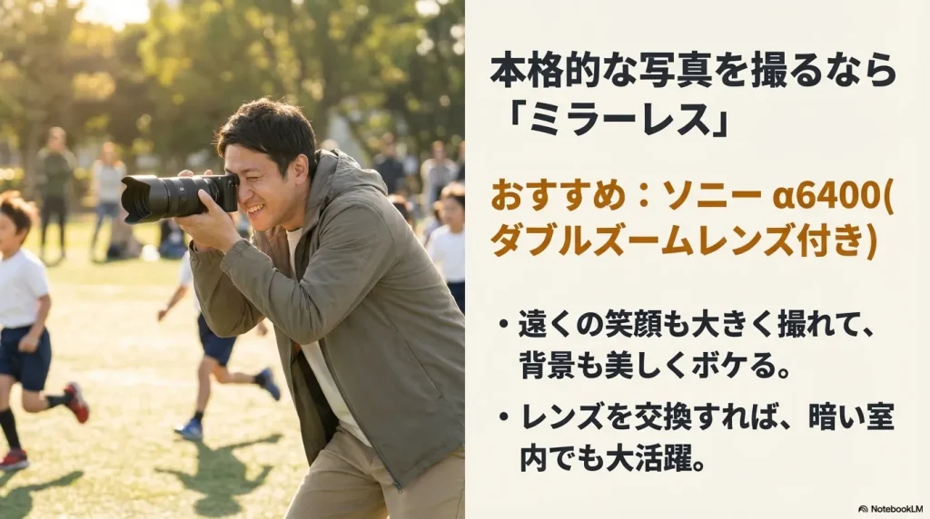 本格的な写真を撮るならミラーレス。おすすめはソニーα6400ダブルズームレンズ付き。遠くの笑顔も大きく撮れて背景も美しくボケるほか、レンズを交換すれば暗い室内でも大活躍
