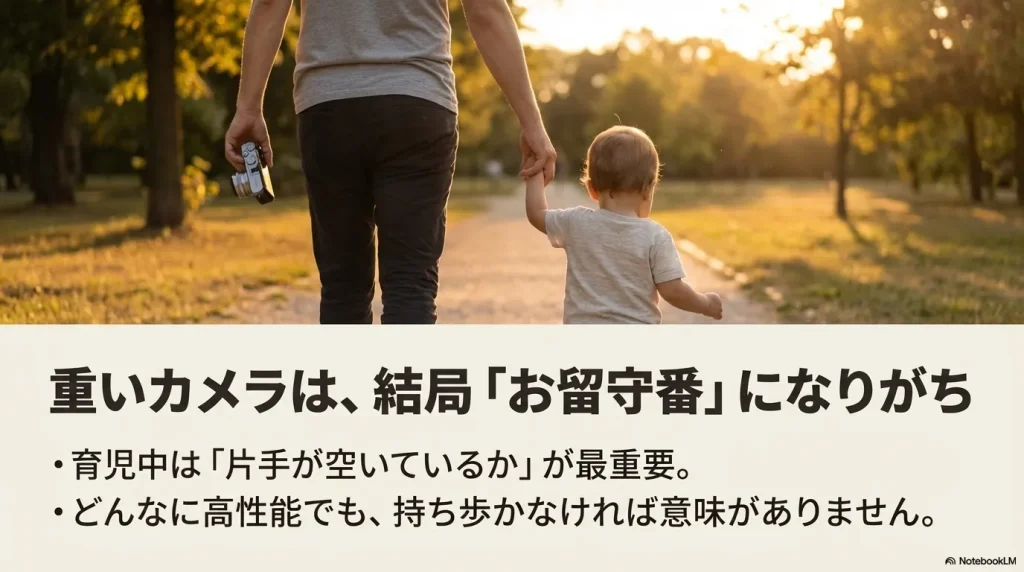 重いカメラは結局お留守番になりがち。育児中は片手が空いているかが最重要で、どんなに高性能でも持ち歩かなければ意味がありません