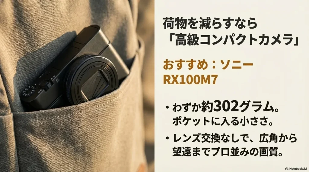 荷物を減らすなら高級コンパクトカメラ。おすすめはソニーRX100M7。わずか約302グラムでポケットに入る小ささながら、レンズ交換なしで広角から望遠までプロ並みの画質