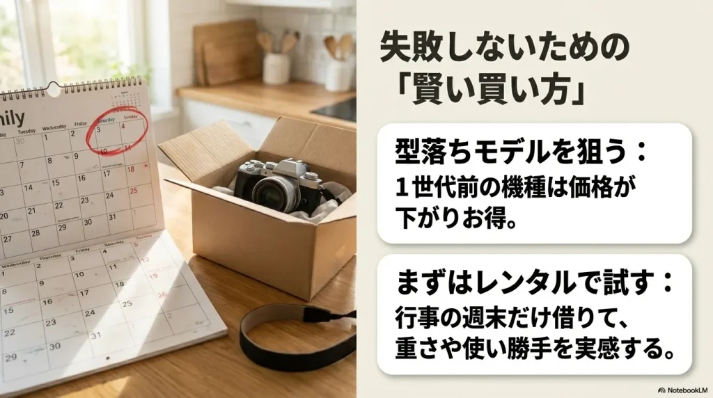 失敗しないための賢い買い方。1世代前の機種は価格が下がりお得なため型落ちモデルを狙うか、行事の週末だけ借りて重さや使い勝手を実感するレンタルで試す方法があります