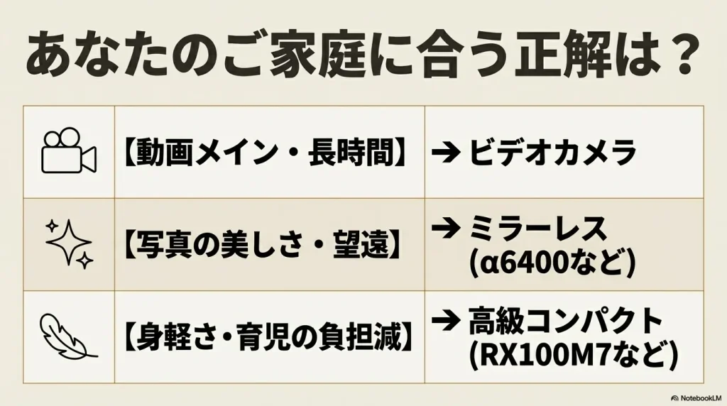 あなたのご家庭に合う正解は？動画メイン・長時間はビデオカメラ、写真の美しさ・望遠はミラーレス（α6400など）、身軽さ・育児の負担減は高級コンパクト（RX100M7など）