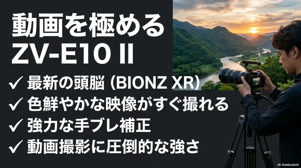 動画を極めるZV-E10 IIの紹介。最新の画像処理エンジンBIONZ XRによる色鮮やかな映像と、強力な手ブレ補正、圧倒的な動画性能を強調