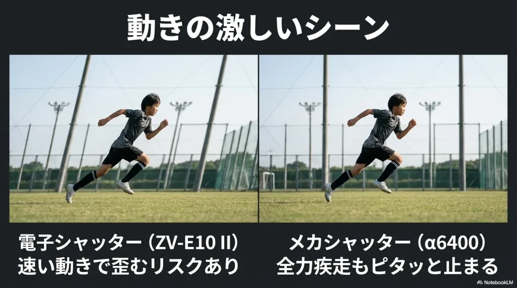 動きの激しいシーンでの比較。電子シャッターのZV-E10 IIは歪むリスクがある一方、メカシャッターのα6400は全力疾走も止まって写ることを示す。