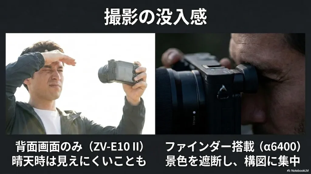 撮影の没入感の比較。背面画面のみのZV-E10 IIは晴天時に見えにくいことがあり、ファインダー搭載のα6400は構図に集中できるメリットを解説。