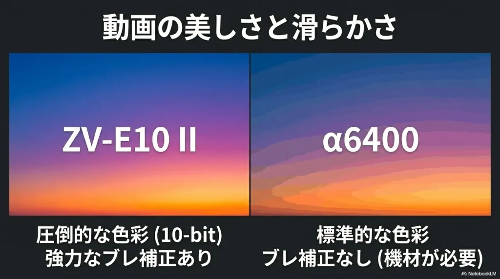 ZV-E10 IIは圧倒的な色彩の10-bitと強力なブレ補正があり、α6400は標準的な色彩でブレ補正には別機材が必要であることを示す表