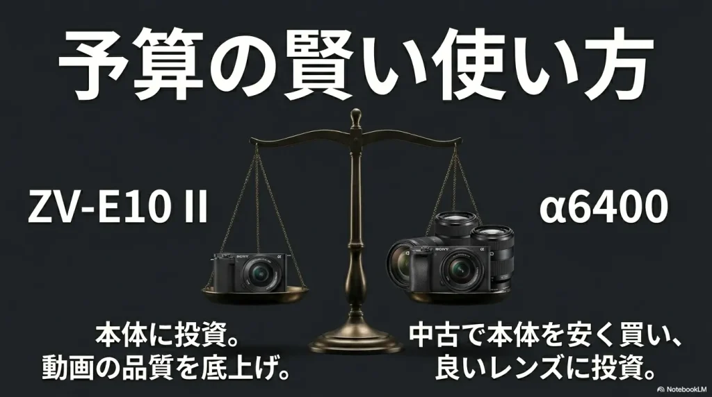 ZV-E10 IIは本体に投資して動画品質を上げ、α6400は中古で安く買い、浮いた予算をレンズに投資するという戦略の比較