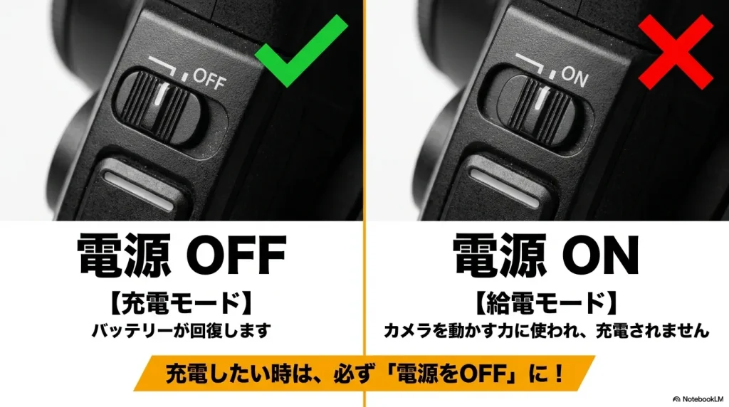 ZV-E10 IIの電源スイッチの比較。電源OFF時は「充電モード」でバッテリーが回復し、電源ON時は「給電モード」でカメラ動作に電力が使われることを説明する図解。