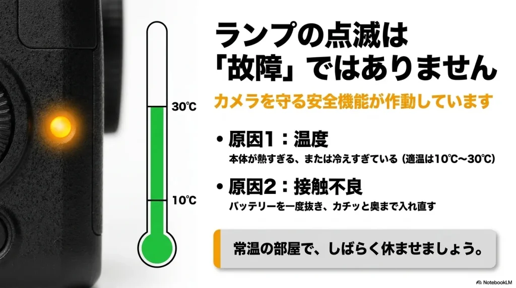 充電ランプの点滅が故障ではないことを示す図解。本体温度が適温外である場合や、バッテリーの接触不良が原因であることを説明。