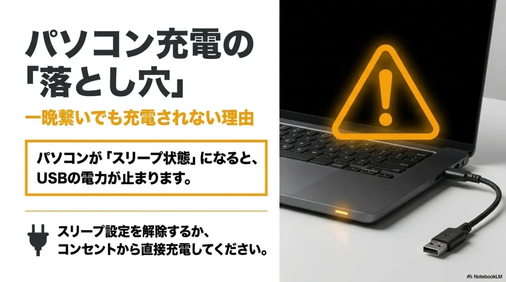 パソコン充電時の注意点。パソコンがスリープ状態になるとUSB電力が止まるため、設定解除かコンセントからの直接充電を推奨するイラスト