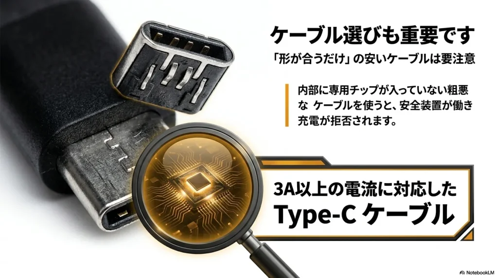 USB Type-Cケーブルの内部チップと端子のクローズアップ。安全に充電するために3A以上の電流に対応したケーブルが必要であることを説明