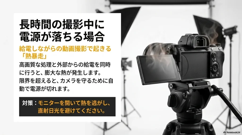 動画撮影中の熱暴走で電源が落ちる原因と対策。モニターを開いて熱を逃がし、直射日光を避けるよう促すカメラの背面画像。