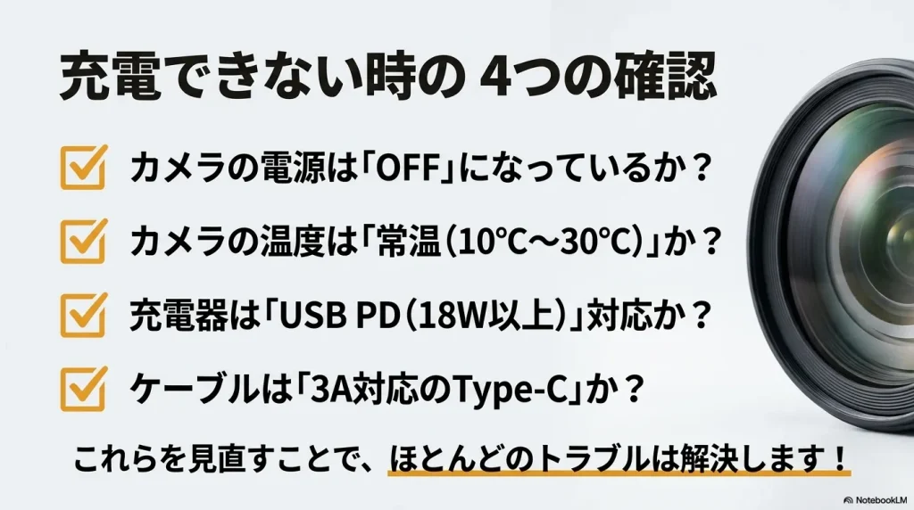 充電トラブルを解決するための4つの確認事項（電源OFF、常温、USB PD 18W以上、3A対応ケーブル）のまとめ画像。