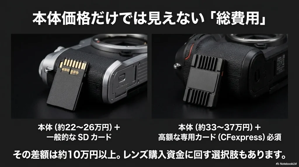 本体価格だけでは見えない「総費用」。一般的なSDカードと高額な専用カード（CFexpress）必須の差額は約10万円以上